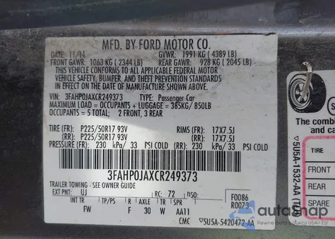 2012 Ford Fusion Sel z USA, uszkodzony, nr VIN 3FAHP0JAXCR249373